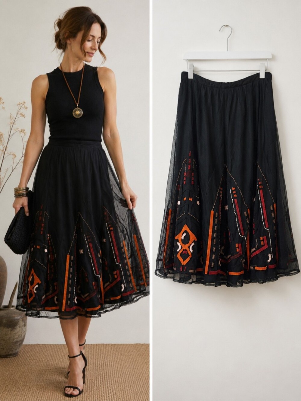 Georges Rech Black Mesh Embroidered Midi Skirt Art Wear France 44
